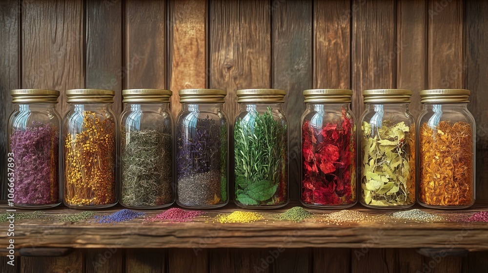 Collection of jars filled with various natural herb Collection of jars filled with various natural herb