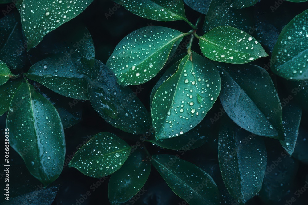 Fototapeta premium Close-Up of Dewdrops on Lush Green Leaves: Nature's Sparkling Gemstones