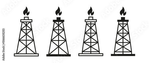 Oil rig icon vector set. Outline pump jack symbol. Oil tower sign