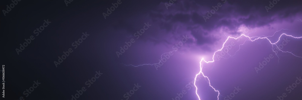 A purple lightning strike illuminates the dark sky during a summer thunderstorm A purple lightning strike illuminates the dark sky during a summer thunderstorm