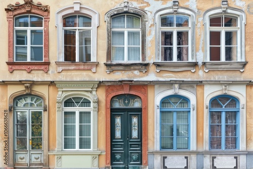 A row of windows on a yellow building, suitable for use in architectural or urban planning contexts