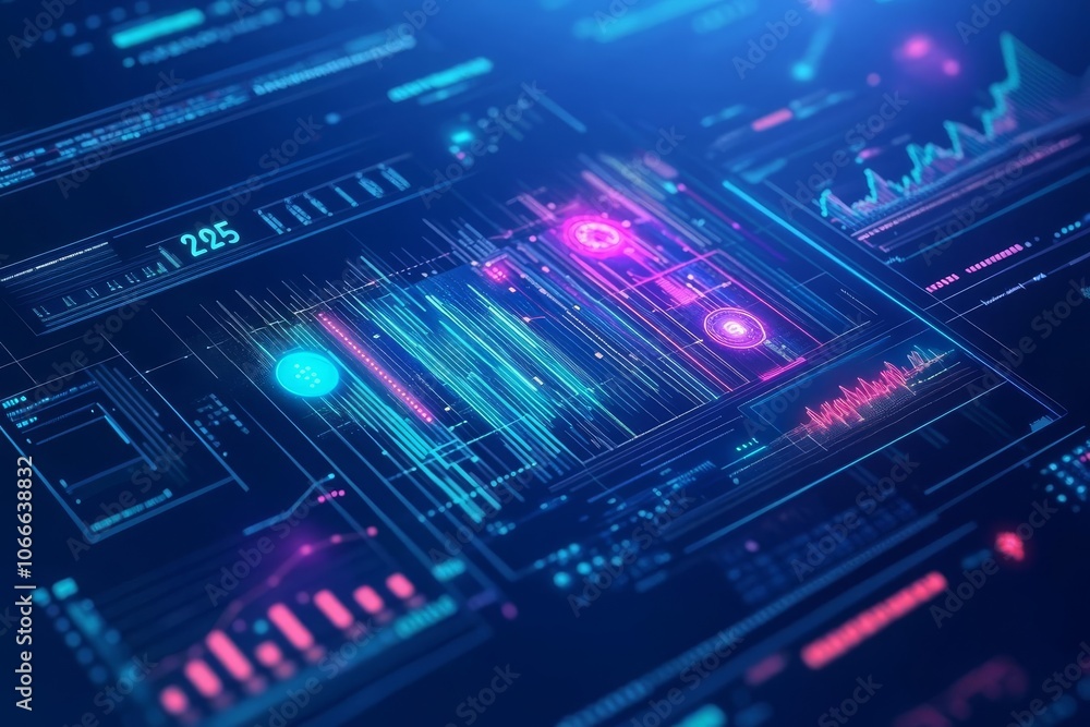 Fototapeta premium Digital chart highlighting 2025 targets, deep blue background, neon holograms, cyberpunk inspired