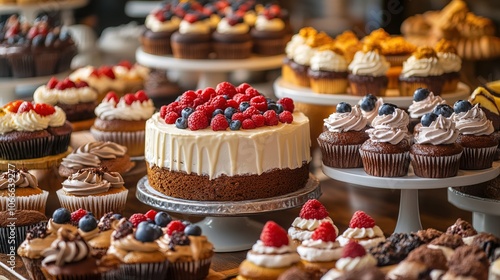 A table full of desserts including cakes, cupcakes, and pastries