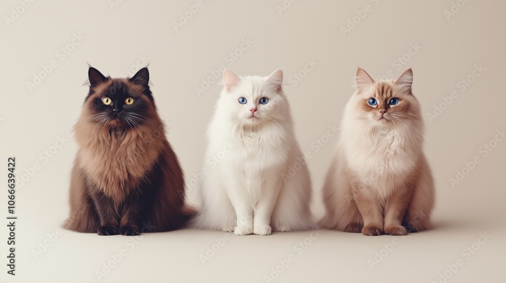 Three cats with long, fluffy fur, against a plain light beige background Three cats with long, fluffy fur, against a plain light beige background