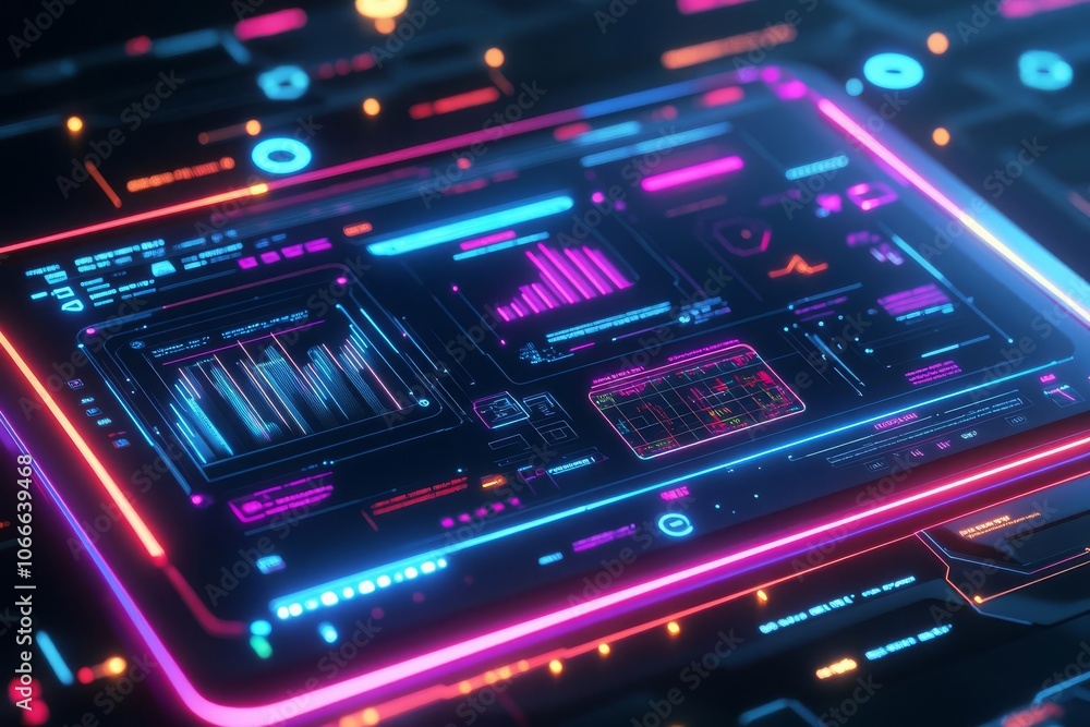 Obraz premium Strategic roadmap for 2025 on futuristic tablet, glowing digital details, neon colors, modern sleek style