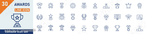 Awards line icon set. Set of 30 outline icons related to trophy, winner, medal, winner prize, success, best, reward, champion and others. Editable stroke. Vector illustration.