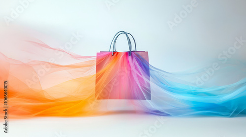 shopping bag dissolving into vibrant cloud of color, showcasing blend of orange and blue hues. dynamic motion creates sense of energy and creativity