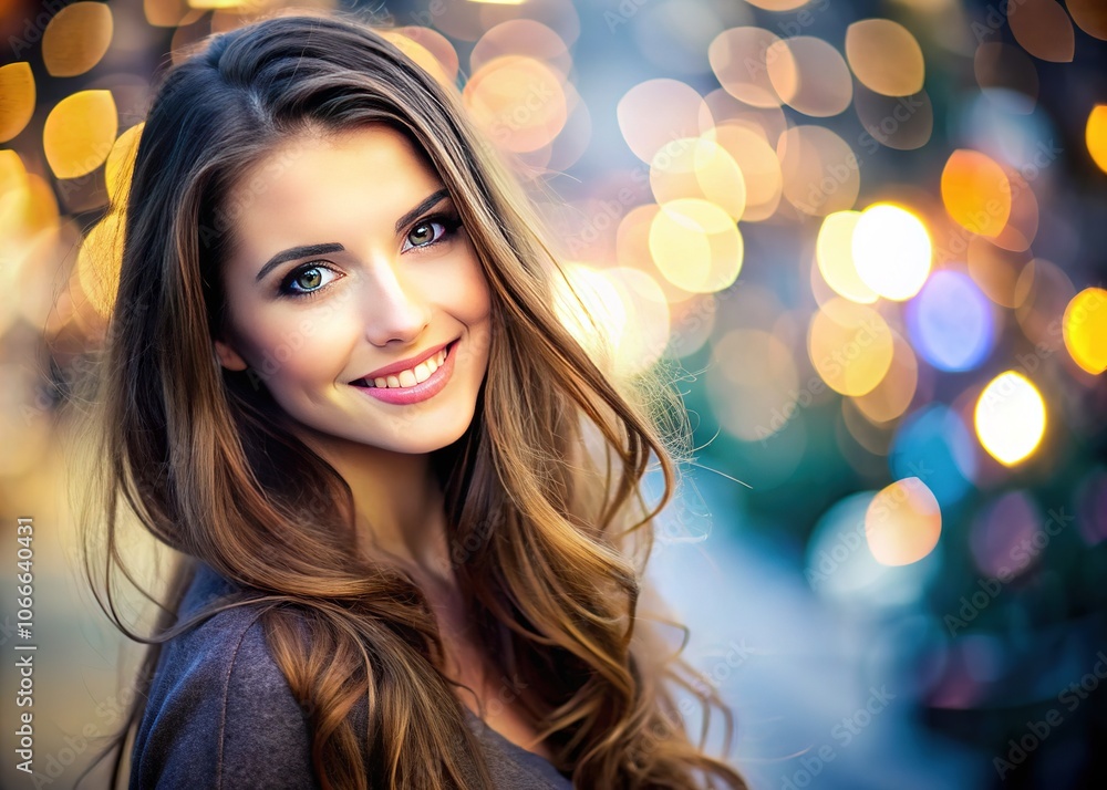 Smiling woman, beautiful portrait, AI-generated image, ample space for text. Smiling woman, beautiful portrait, AI-generated image, ample space for text.