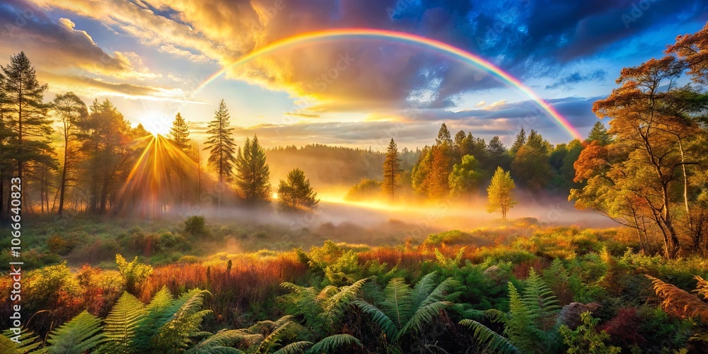 Obraz premium A vibrant rainbow arches over a tranquil forest, bathed in the golden glow of sunrise, as mist dances through the trees.