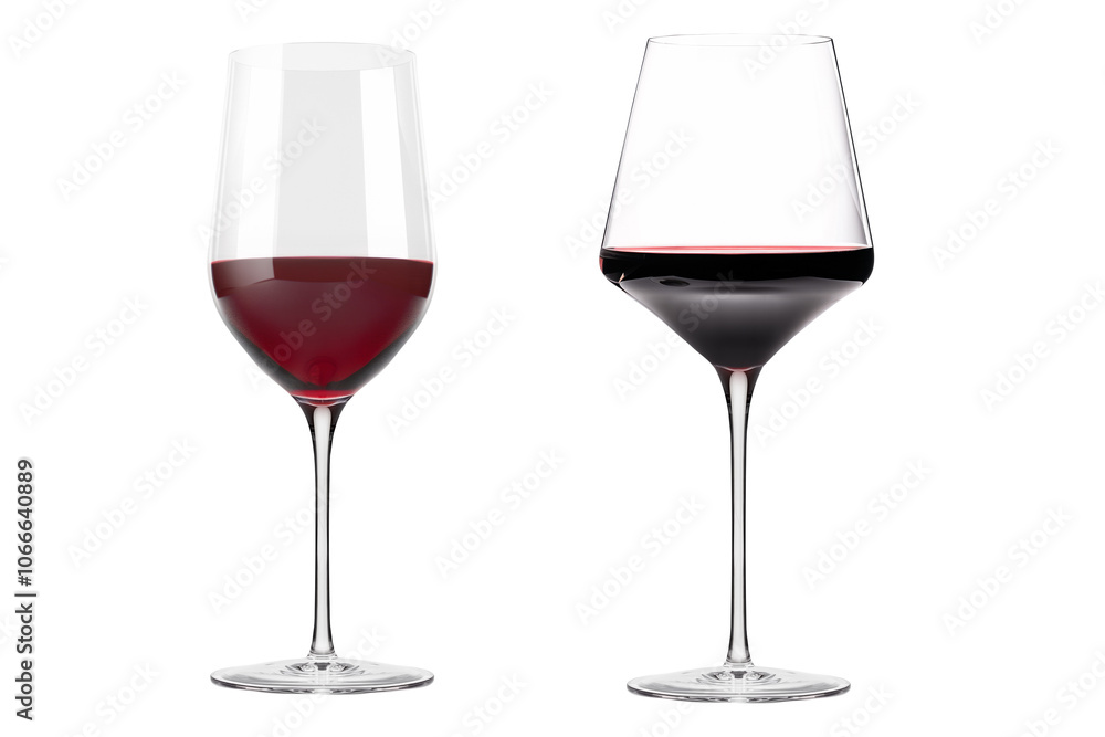 Pair of red wine glasses isolated on white transparent background. Rose wine splashing in glassware Pair of red wine glasses isolated on white transparent background. Rose wine splashing in glassware