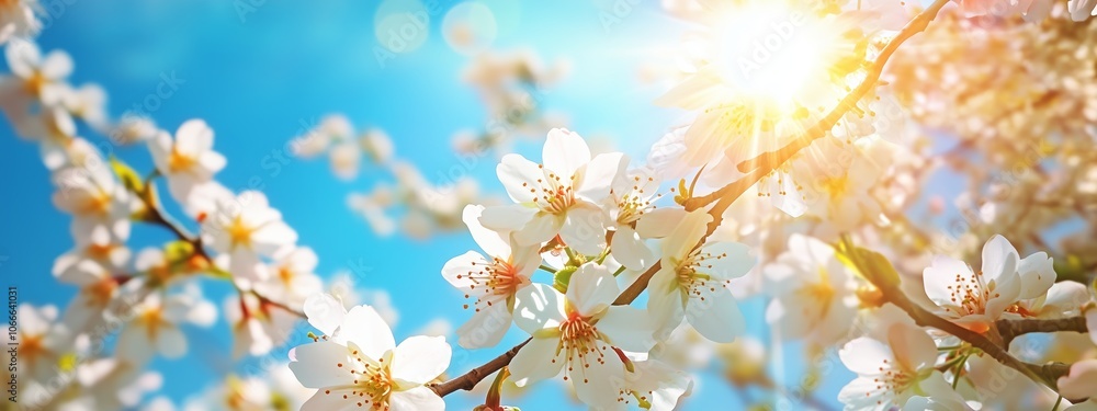 Blossoming cherry blossoms in vibrant sunlight against a clear blue sky during springtime Blossoming cherry blossoms in vibrant sunlight against a clear blue sky during springtime
