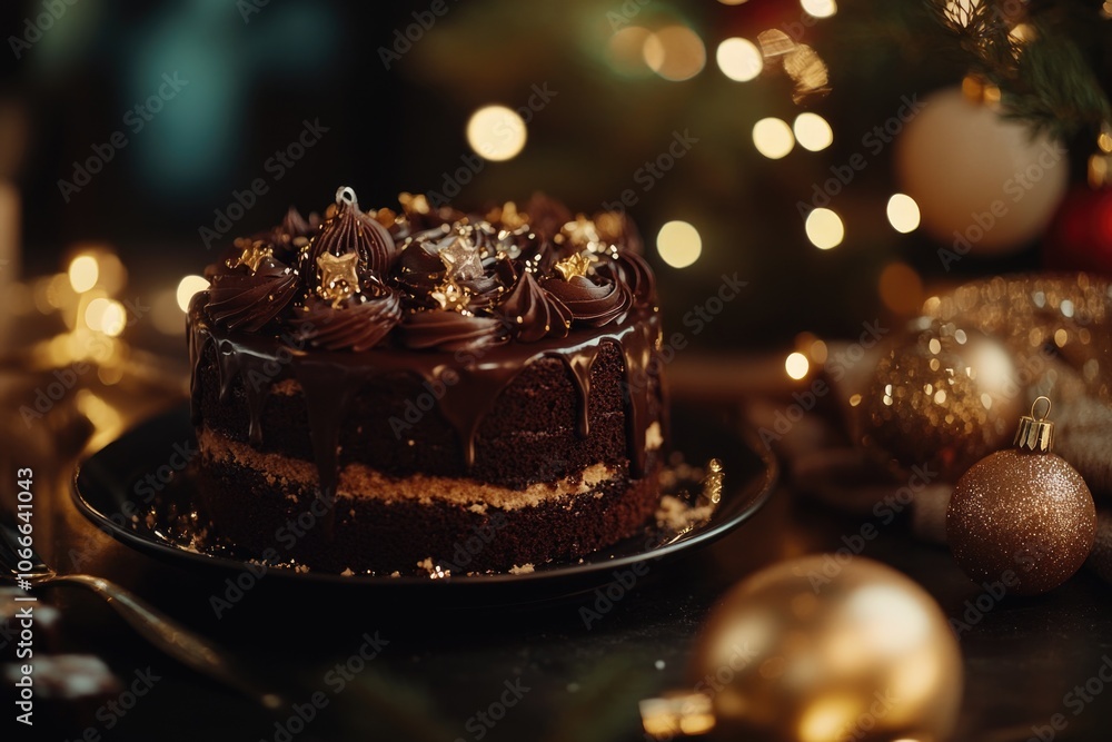 A slice of chocolate cake sits on a black plate, ready to be served A slice of chocolate cake sits on a black plate, ready to be served