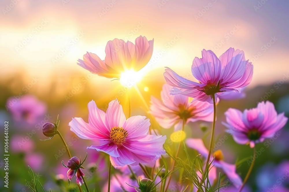 A field of pink flowers with the sun setting in the background A field of pink flowers with the sun setting in the background