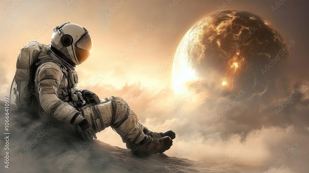 An astronaut rests on a cloudy terrain, gazing at a fiery planet, evoking a sense of exploration and isolation. An astronaut rests on a cloudy terrain, gazing at a fiery planet, evoking a sense of exploration and isolation.