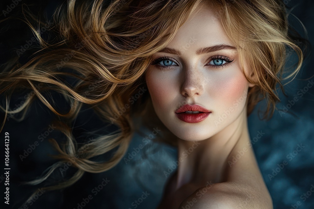 Close-up portrait of a woman with blonde hair and blue eyes. Close-up portrait of a woman with blonde hair and blue eyes.