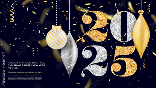 Elegant 2025 with gold and silver christmas balls for holiday card