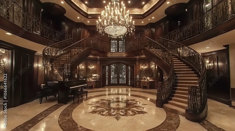 Obraz premium Grand Entrance Hall with Ornate Staircase and Chandelier