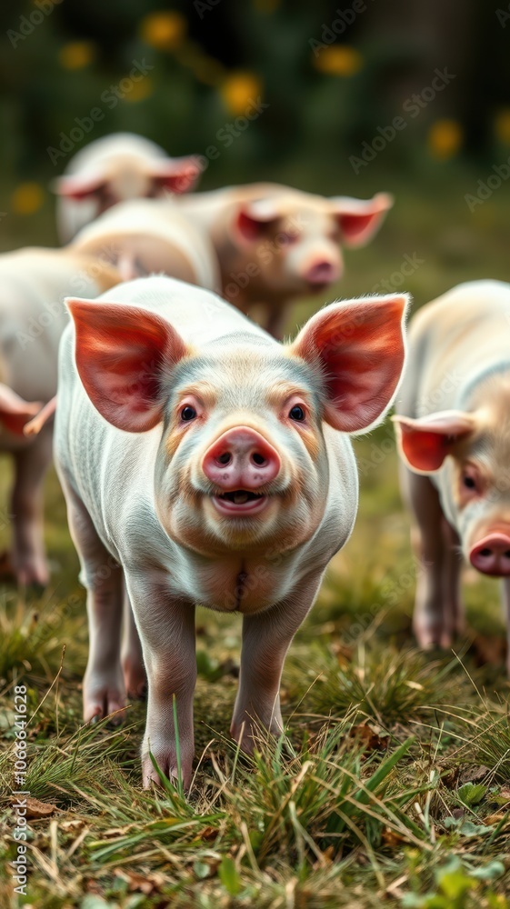 A piglet stands in a grassy field, looking directly at the camera with a happy expression A piglet stands in a grassy field, looking directly at the camera with a happy expression