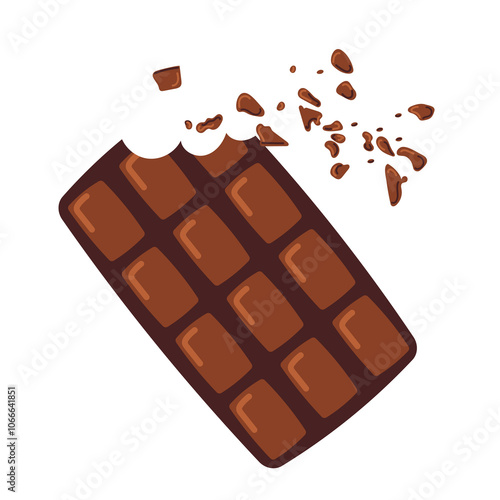 Chocolate bar with a bitten off piece. Sweet chocolate candy, cocoa sugar dessert.