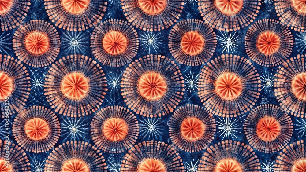 A vibrant and abstract pattern of circular designs in shades of blue, orange, and white, creating a mesmerizing and intricate visual experience. A vibrant and abstract pattern of circular designs in shades of blue, orange, and white, creating a mesmerizing and intricate visual experience.