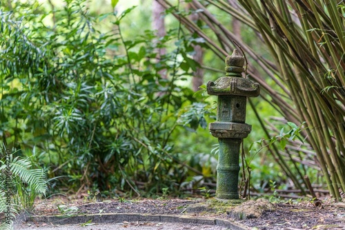 Traditional stone lantern in a Japanese garden.