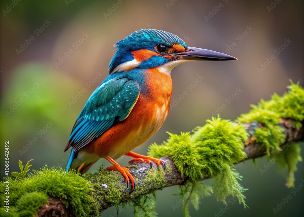 Obraz premium A kingfisher perched, a jewel on moss-draped branch.
