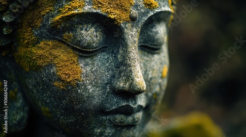 A serene, mossy statue of a face with closed eyes