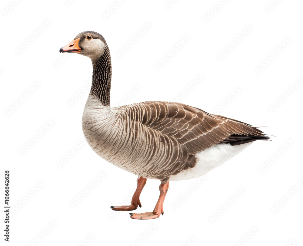 Side profile of domestic goose with distinctive orange beak and brown feathers, isolated on transparent background, waterfowl species, nature animal, farm bird, lake habitat Side profile of domestic goose with distinctive orange beak and brown feathers, isolated on transparent background, waterfowl species, nature animal, farm bird, lake habitat