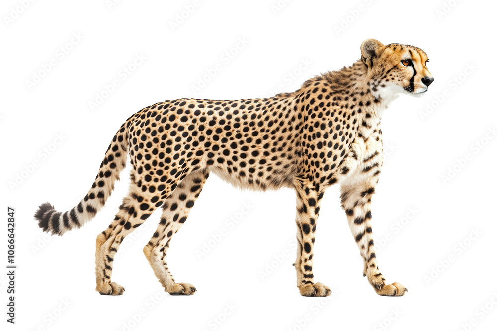 Obraz premium Side profile of graceful cheetah with distinct spots, isolated on transparent background, African wildlife, fastest animal, big cat, nature conservation, safari icon, unique pattern