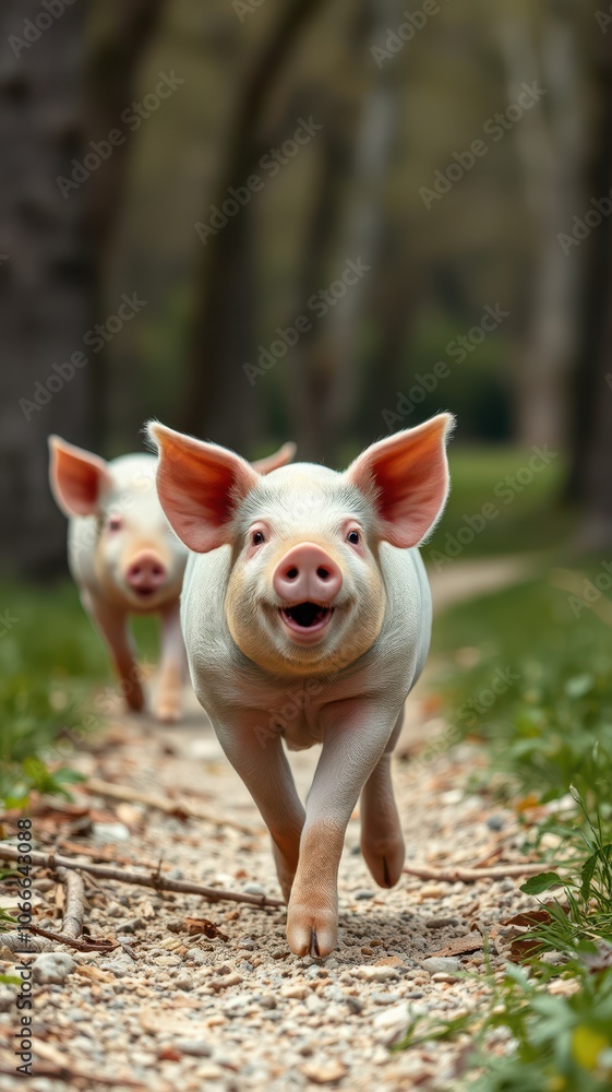 A piglet runs down a path in a forest, smiling brightly A piglet runs down a path in a forest, smiling brightly
