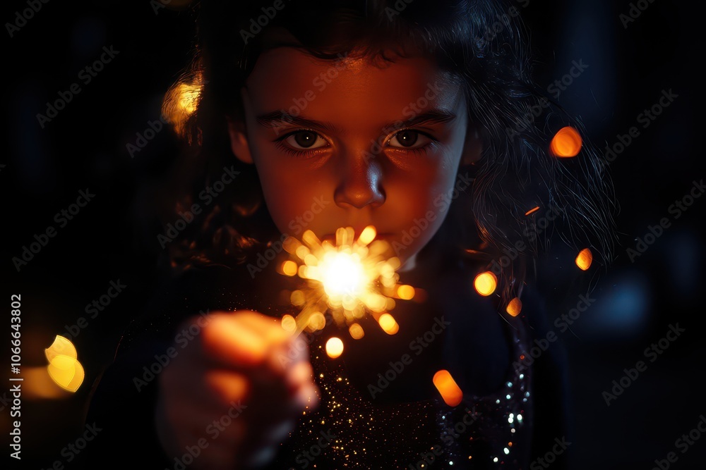 Joyful child holding a sparkler, surrounded by sparkling glitter, capturing the magic of celebration and wonder. Joyful child holding a sparkler, surrounded by sparkling glitter, capturing the magic of celebration and wonder.