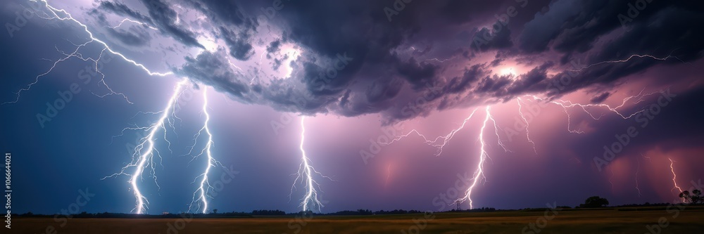 Lightning strikes illuminate the dark sky over a field during a powerful thunderstorm Lightning strikes illuminate the dark sky over a field during a powerful thunderstorm