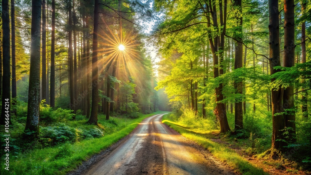 Fototapeta premium Summer forest, muddy gravel road - rule of thirds composition.