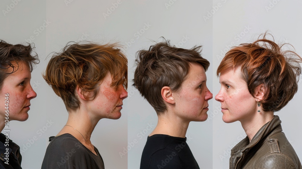 Fototapeta premium Hairstyle Evolution: A series of photos documenting a woman's journey through diverse hairstyles, celebrating her evolution and self-discovery in beauty. 