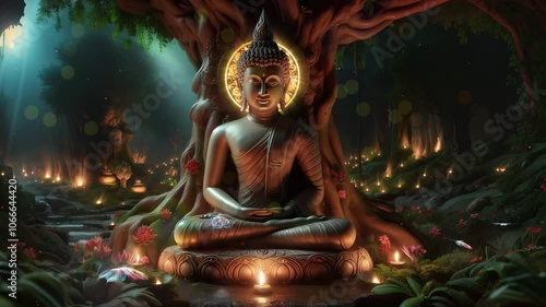 Buddha statue under a tree in the forest, candles, night, moon. third eye, stream, butterflies, lights