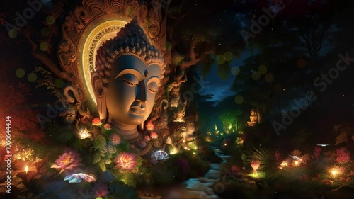 buddha face, glowing mandala, night, butterflies, stream, nature, greenery, candles, rock, lights