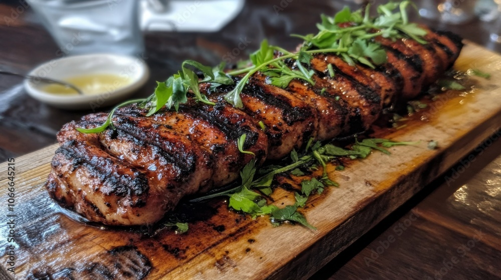 Grilled Meat on Wooden Platter with Green Garnish Grilled Meat on Wooden Platter with Green Garnish