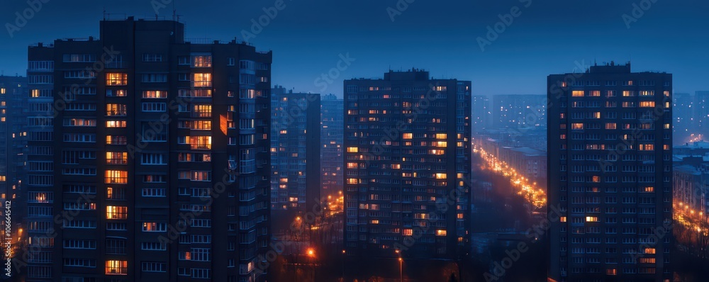 Stunning evening view of high-rise buildings illuminated against a vibrant sunset sky. Stunning evening view of high-rise buildings illuminated against a vibrant sunset sky.