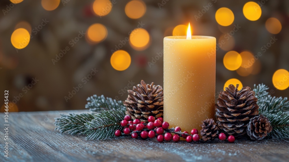 A warm candle surrounded by pinecones and berries, set against a blurred festive background, creating a cozy holiday atmosphere. A warm candle surrounded by pinecones and berries, set against a blurred festive background, creating a cozy holiday atmosphere.