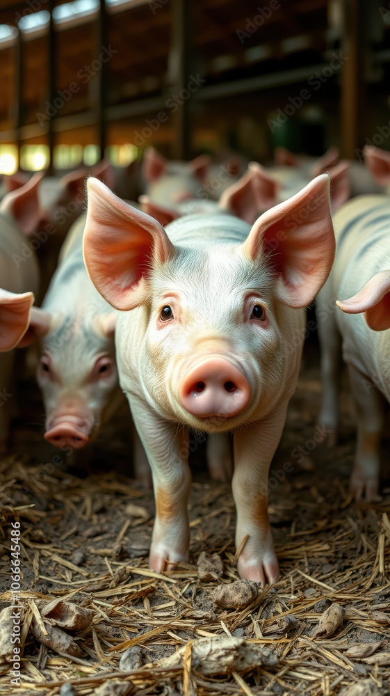 A piglet stands in a barn, looking directly at the camera, surrounded by other piglets in a straw-covered pen A piglet stands in a barn, looking directly at the camera, surrounded by other piglets in a straw-covered pen