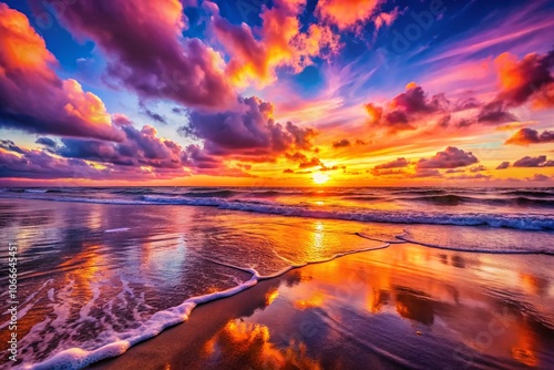 Expansive Ocean at Sunset: Vibrant Colors Reflecting on Calm Waters, Beautiful Beach Scene, Tranquil Evening, Scenic Seascape, Serene Nature, Evening Glow