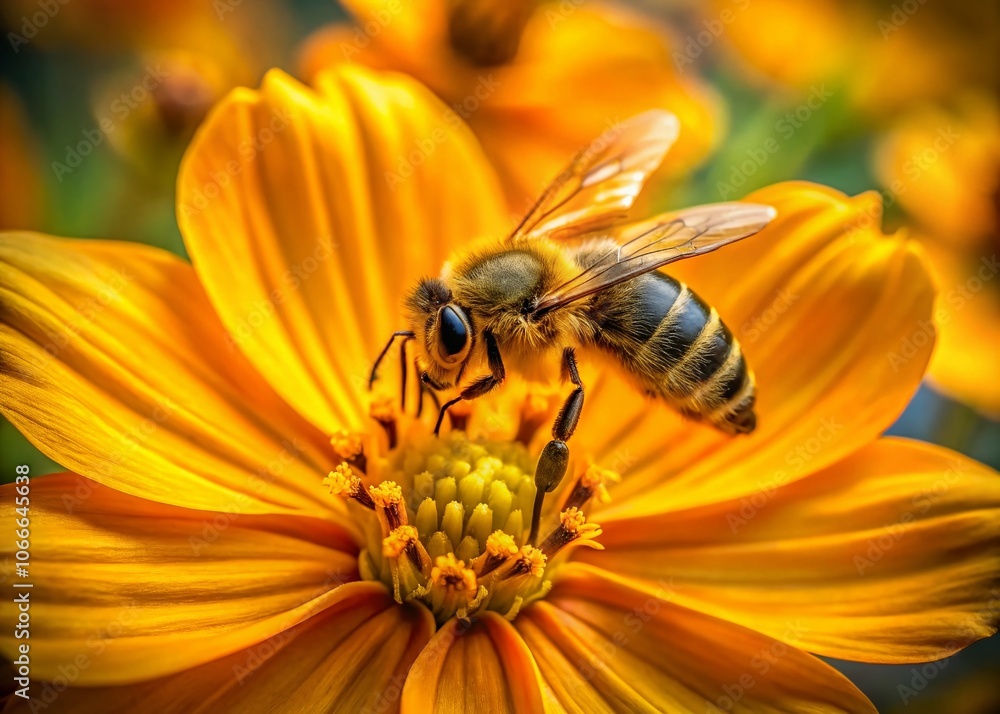 A vibrant bee, a yellow cosmos flower, close-up detail. A vibrant bee, a yellow cosmos flower, close-up detail.