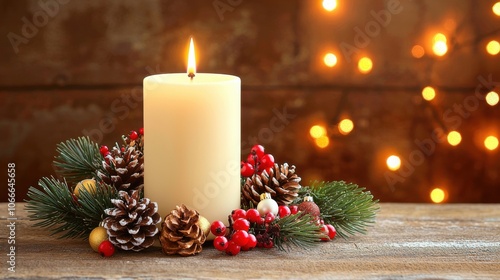 A serene candle surrounded by pinecones, berries, and greenery, set against a softly lit background, evoking a cozy holiday atmosphere.