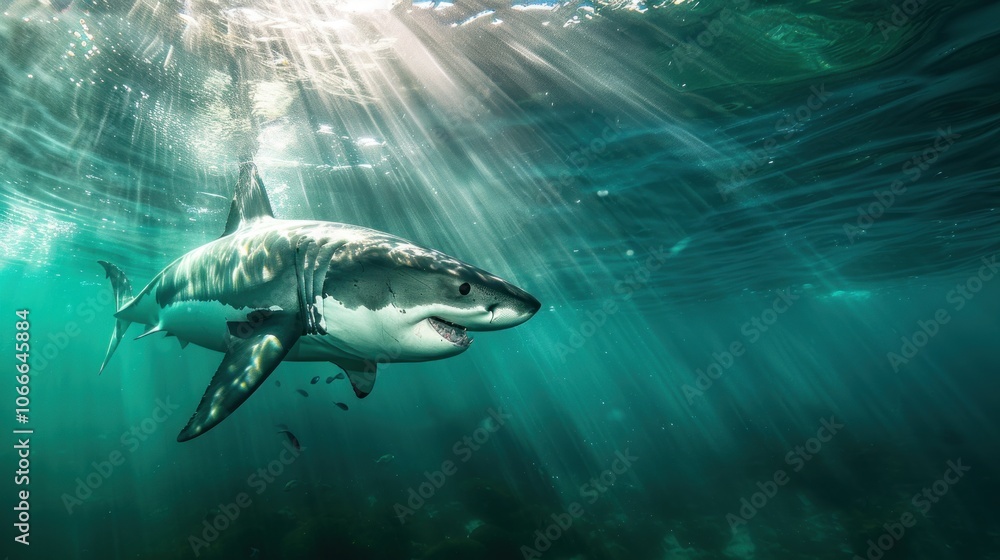 Fototapeta premium Great White Shark Underwater in Sunrays