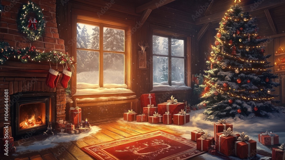 A Cozy Christmas Cabin with a Decorated Tree, Fireplace, and Presents A Cozy Christmas Cabin with a Decorated Tree, Fireplace, and Presents