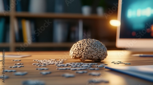 Closeup of a detailed 3D anatomical model of the human brain resting on a wooden desk with scattered papers and documents representing the study of neuroscience psychology and cognitive processes photo