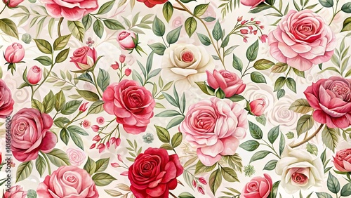 A Romantic Tapestry of Delicate Roses and Lush Foliage, Capturing the Essence of Beauty in Bloom