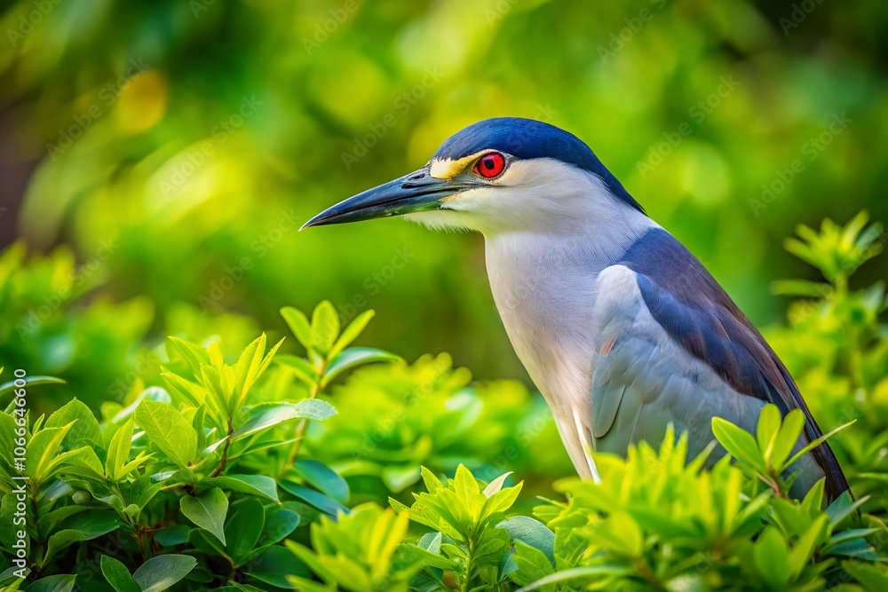 Black-crowned Night Heron, vibrant green backdrop, captivating portrait. Black-crowned Night Heron, vibrant green backdrop, captivating portrait.