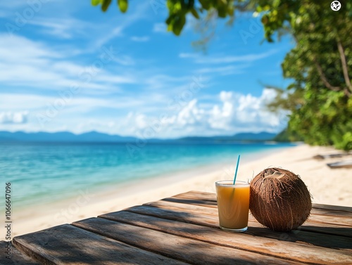 A fresh young coconut with the top sliced off