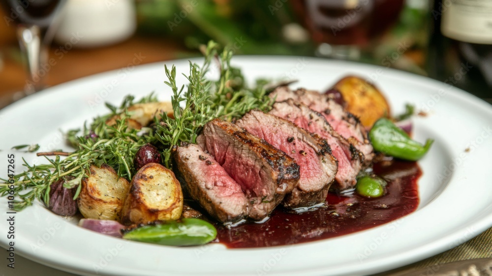 Juicy Steak with Herbs and Vegetables on White Plate Juicy Steak with Herbs and Vegetables on White Plate